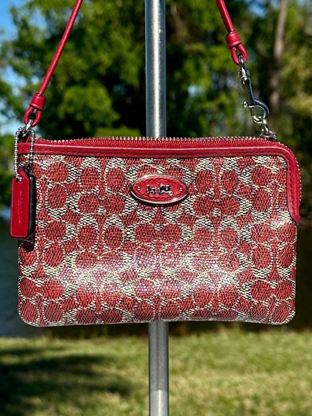 COACH Red Grey Holiday Signature Coated Canvas & Red Leather Trim Wristlet 52436
